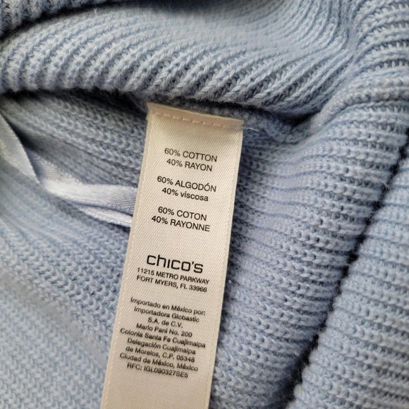 Chico's Size 1 Medium Blue Long Flare Sleeve Knit Pullover Sweater - Picture 3 of 6